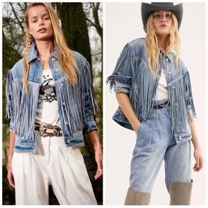 Free People After Hours Denim Fringe Western Jacket Blue XS